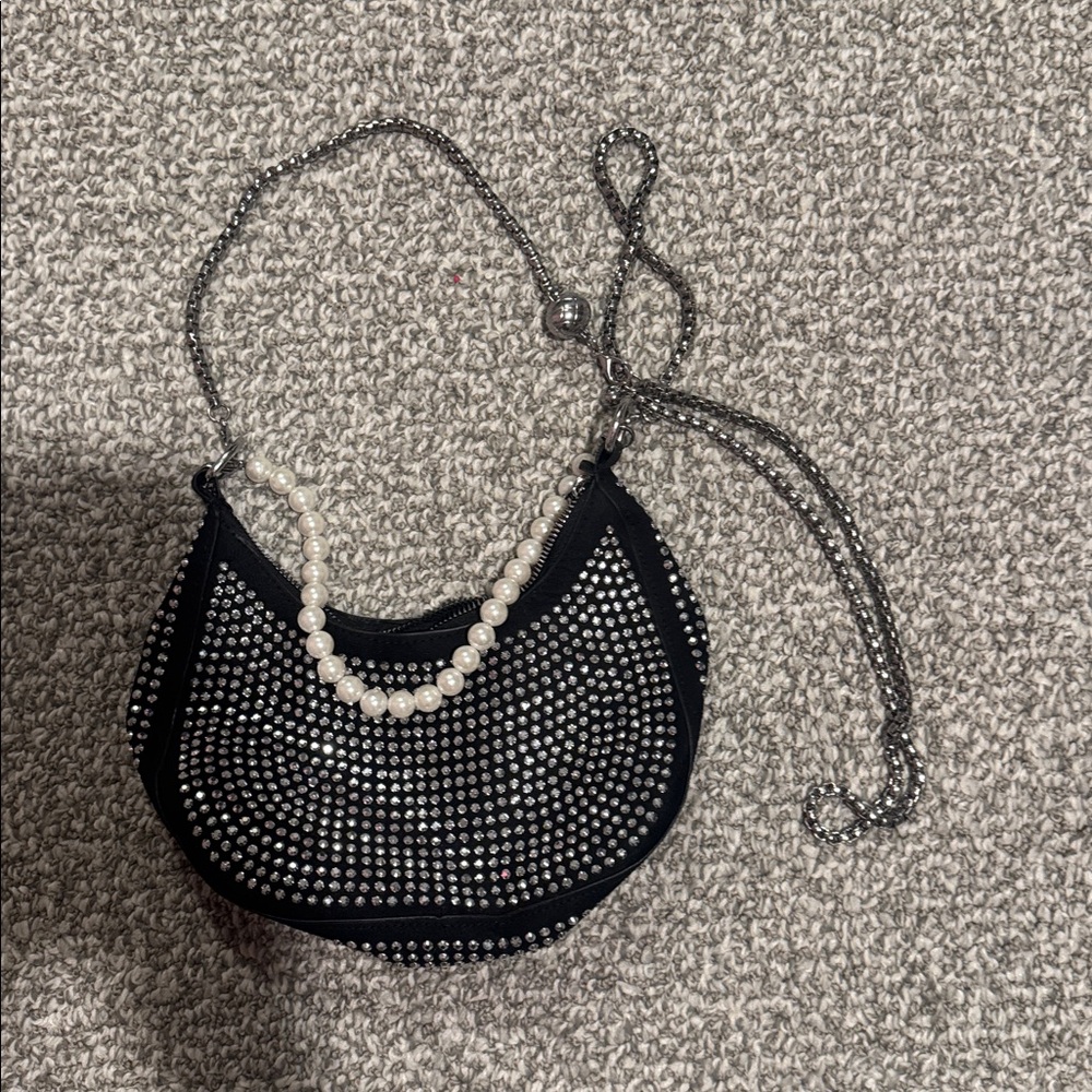 Black and Silver Studded Handbag with Pearl Detail